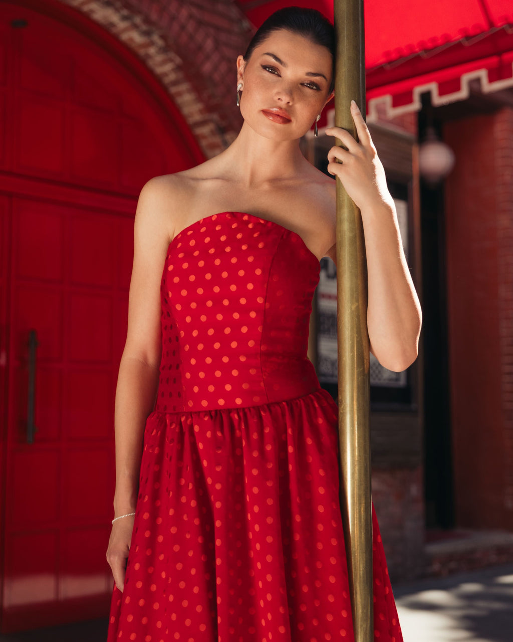 Red Strapless Polka Dot Brocade Midi Dress Contemporary Collection