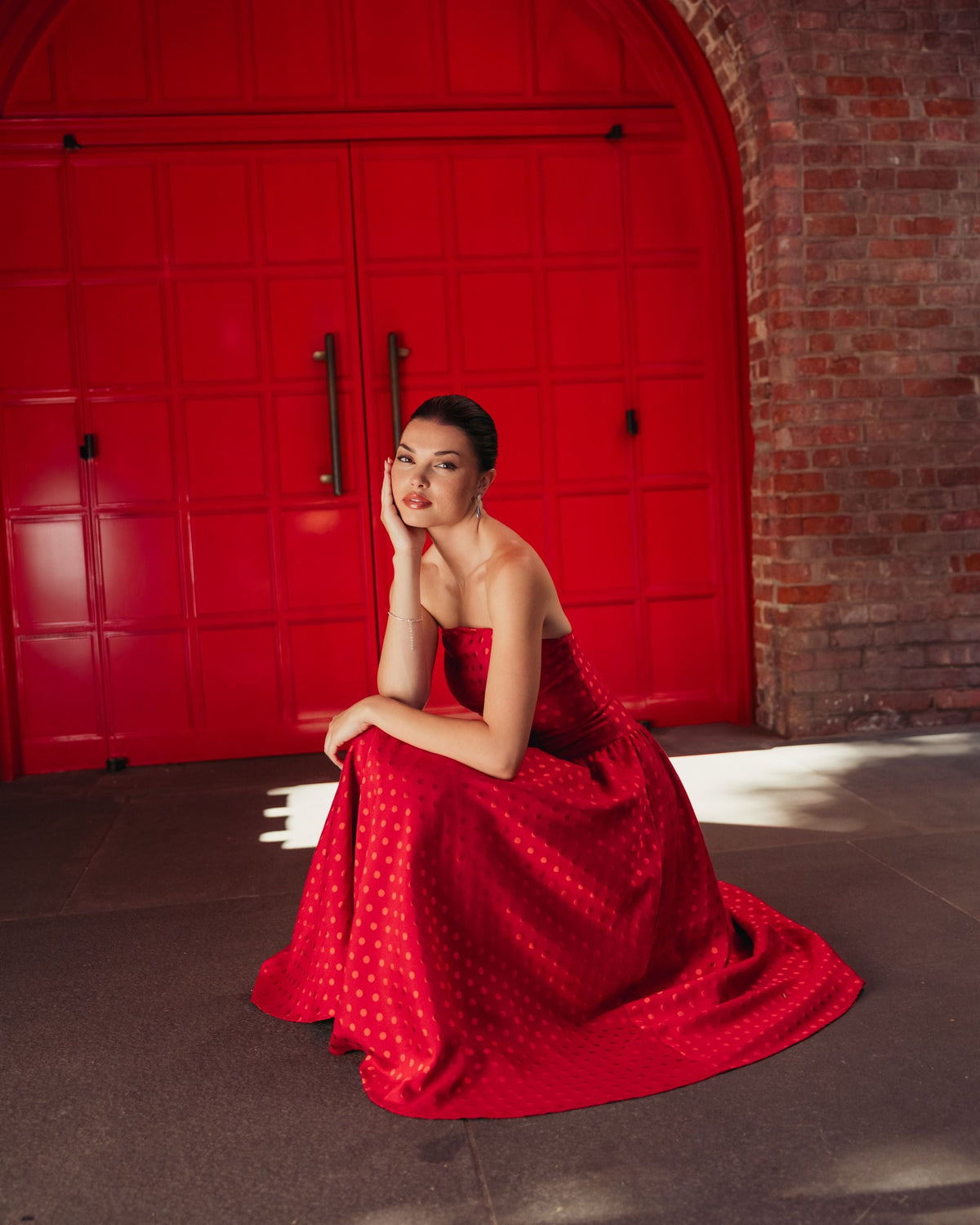 Red Strapless Polka Dot Brocade Midi Dress Contemporary Collection