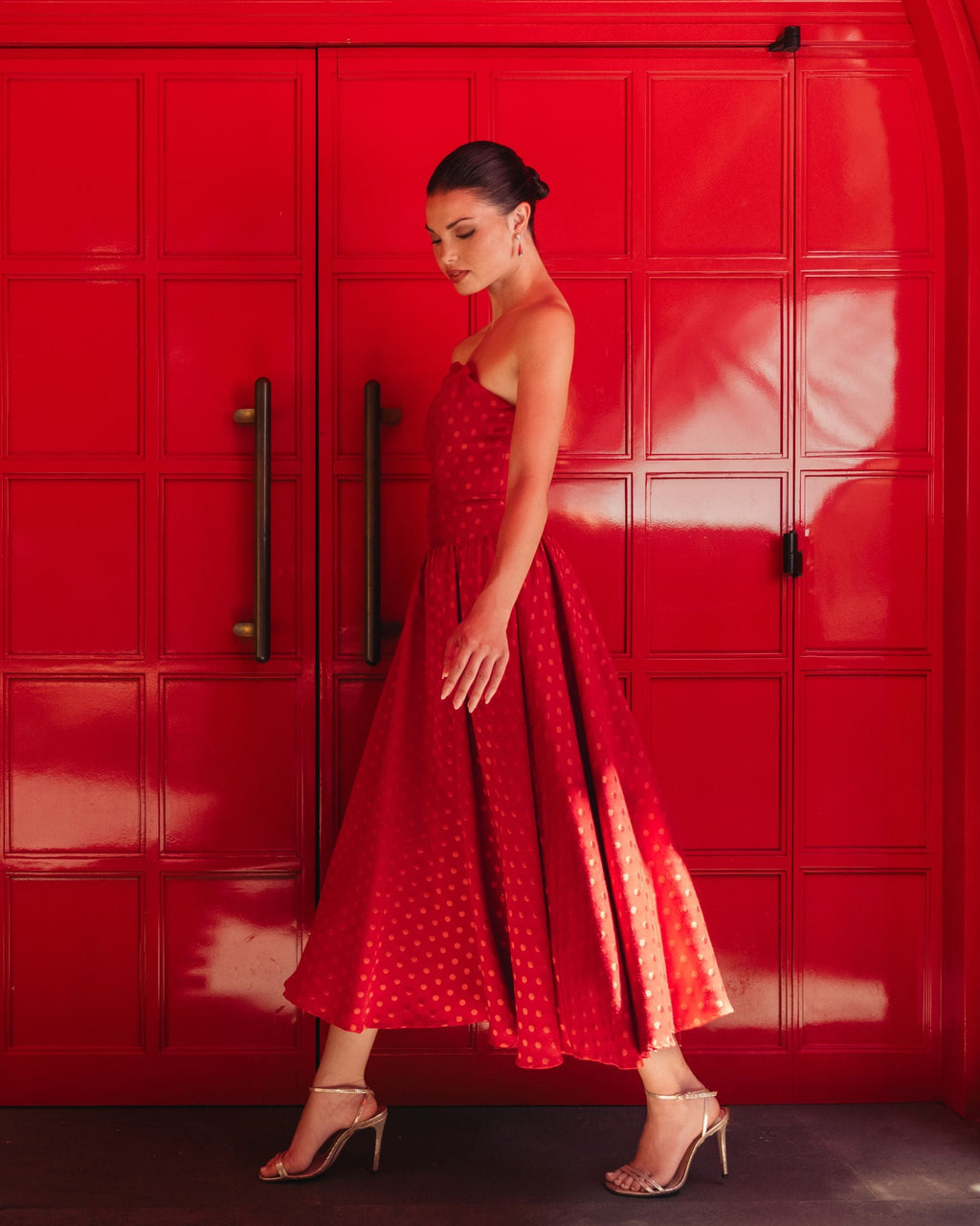 Red Strapless Polka Dot Brocade Midi Dress Contemporary Collection