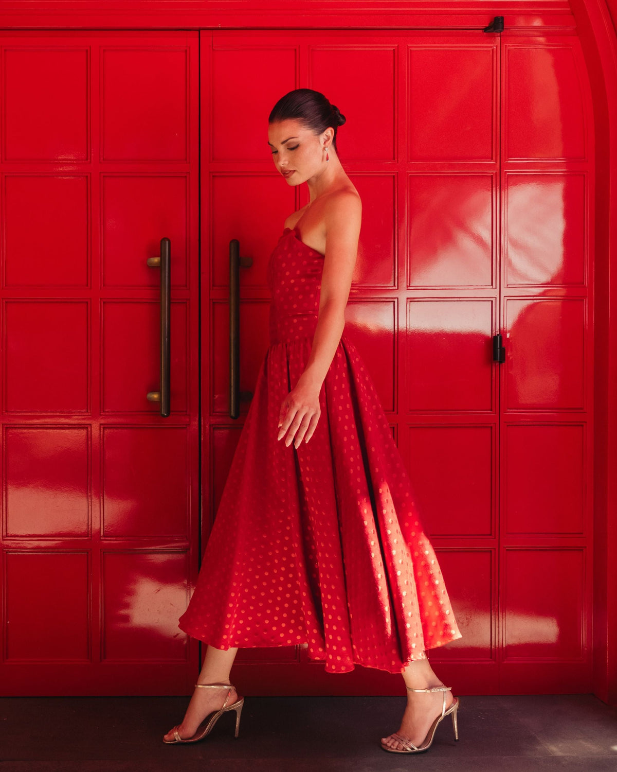 Red Strapless Polka Dot Brocade Midi Dress Contemporary Collection