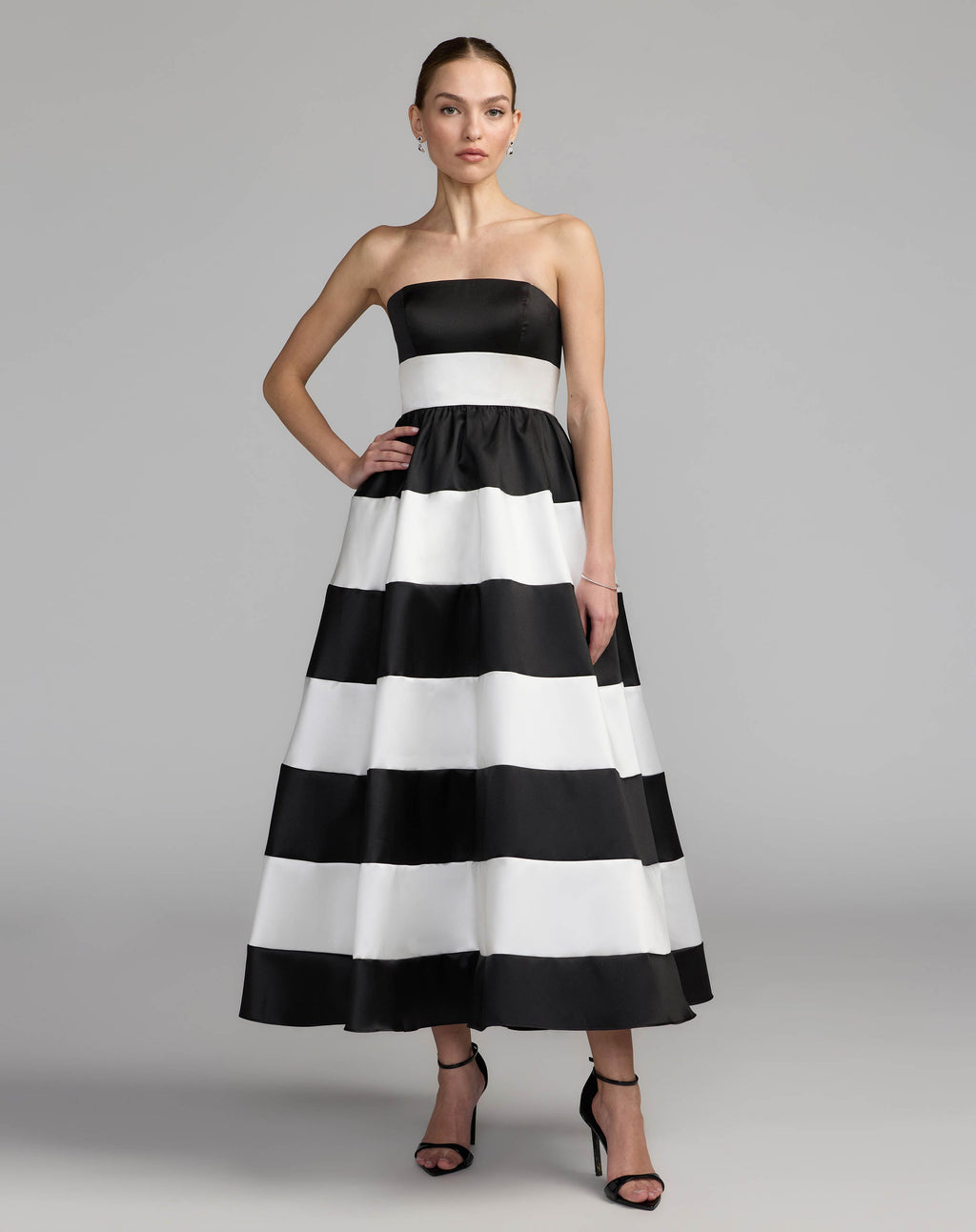 Black Ivory Striped Strapless Mikado Midi Dress Contemporary Collection