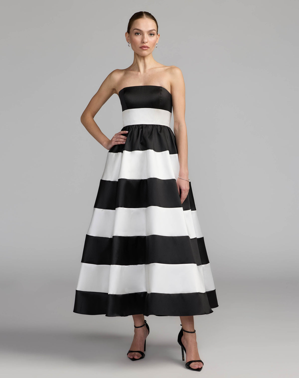 Black Ivory Striped Strapless Mikado Midi Dress Contemporary Collection