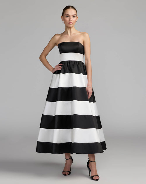 Black Ivory Striped Strapless Mikado Midi Dress Contemporary Collection