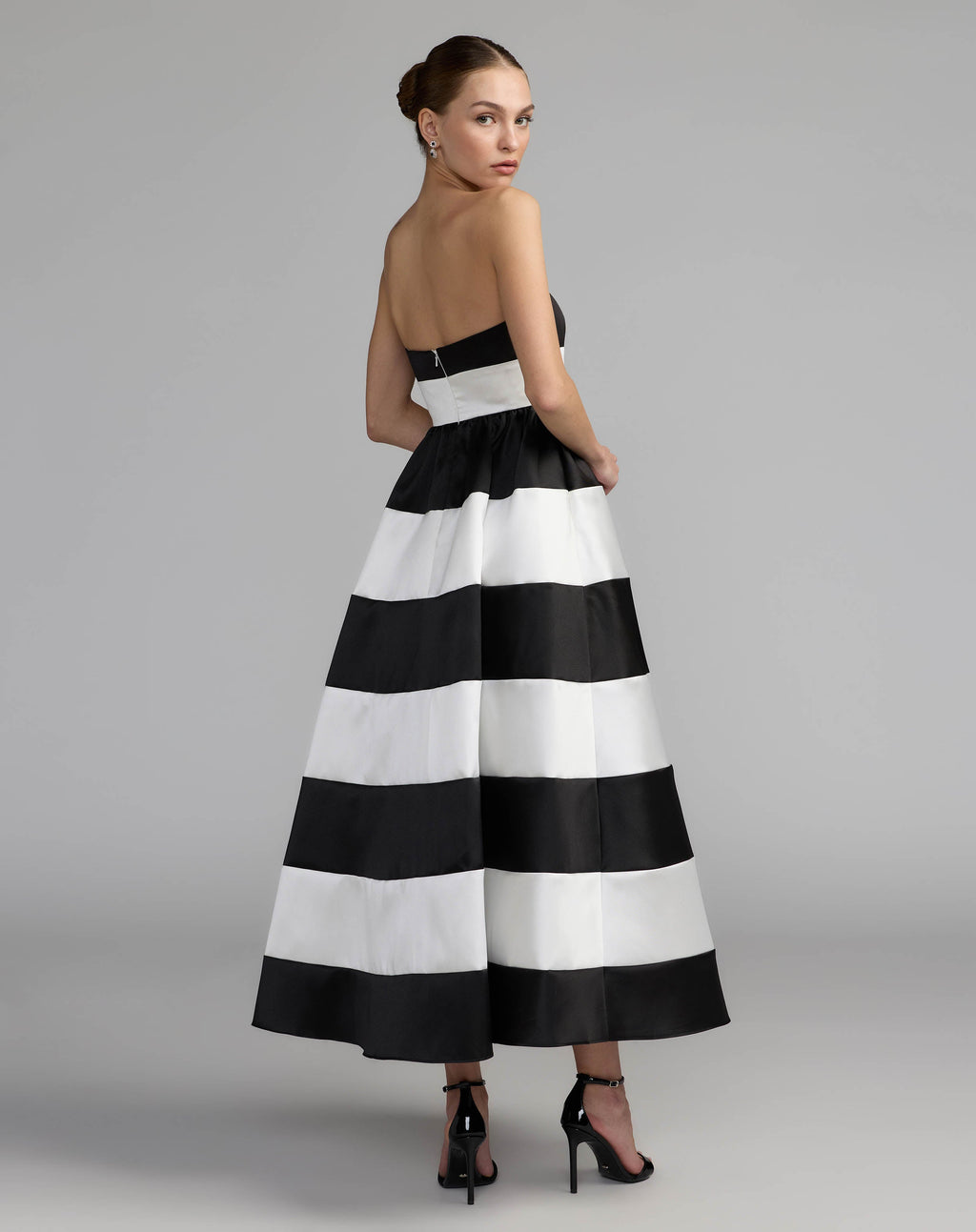 Black Ivory Striped Strapless Mikado Midi Dress Contemporary Collection