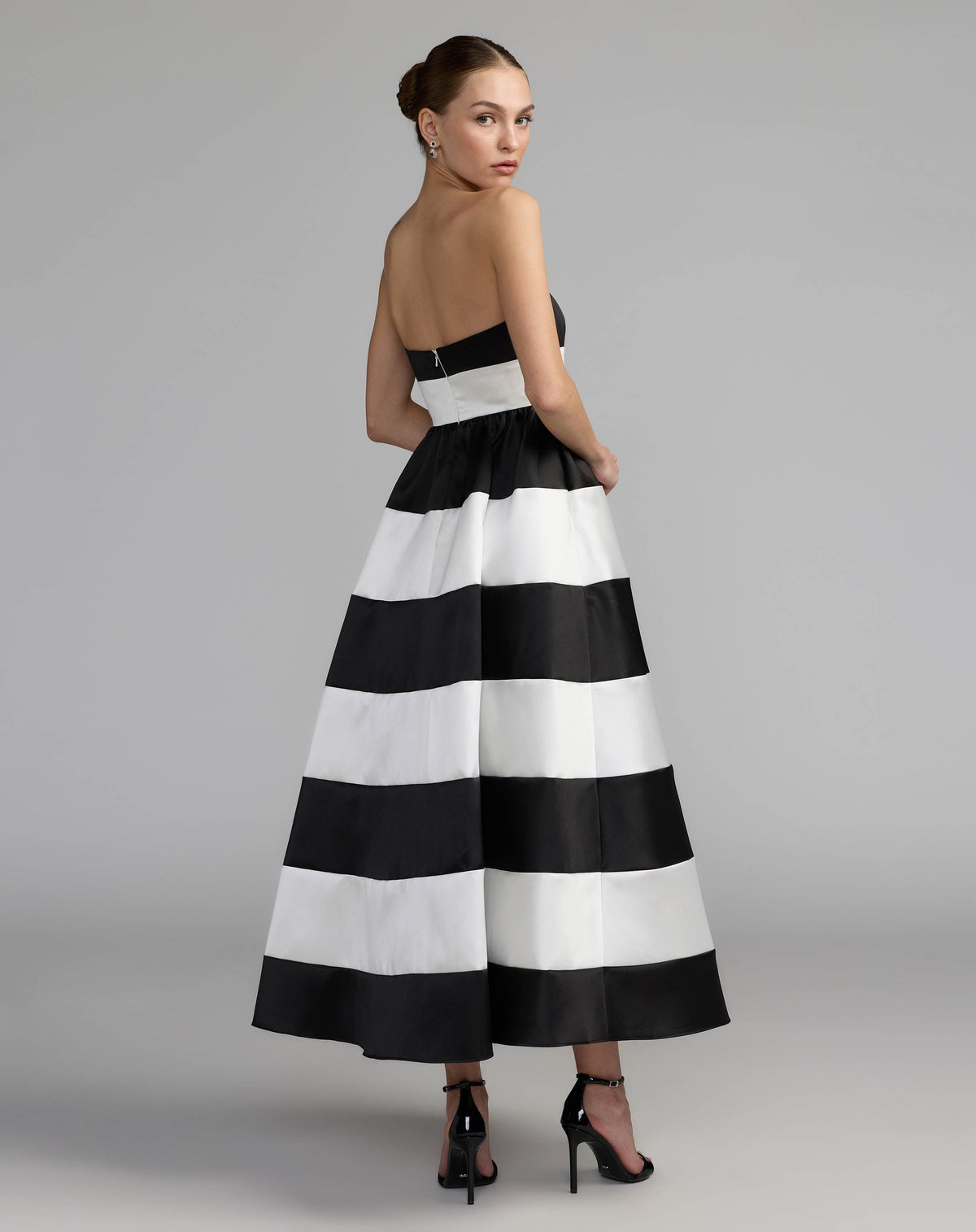 Black Ivory Striped Strapless Mikado Midi Dress Contemporary Collection