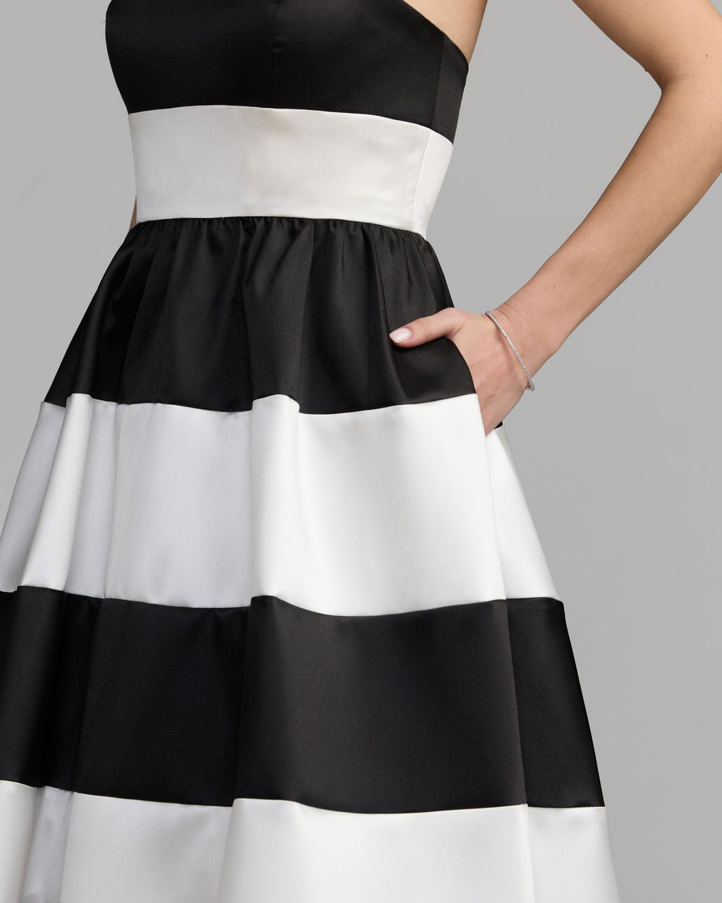 Black Ivory Striped Strapless Mikado Midi Dress Contemporary Collection