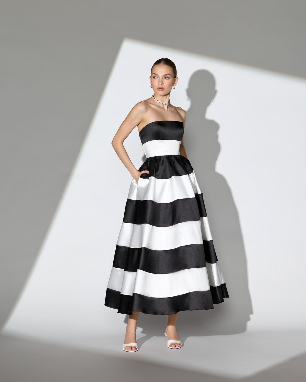 Black Ivory Striped Strapless Mikado Midi Dress Contemporary Collection