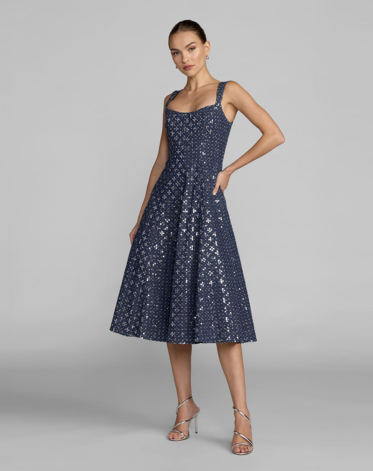 Blue Sleeveless Sequin Denim Midi Dress - Designer Collection