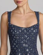 Blue Sleeveless Sequin Denim Midi Dress - Designer Collection