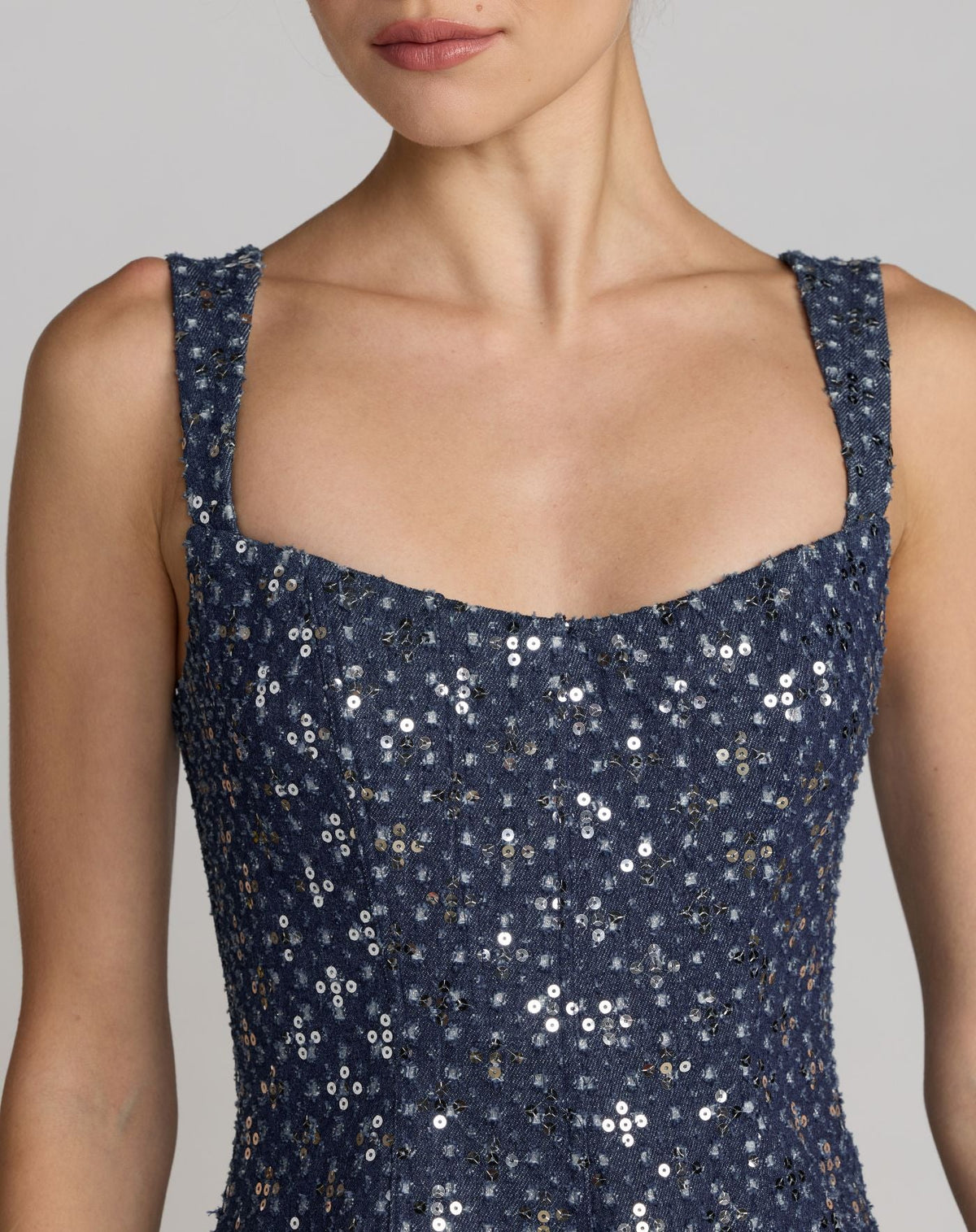 Blue Sleeveless Sequin Denim Midi Dress - Designer Collection