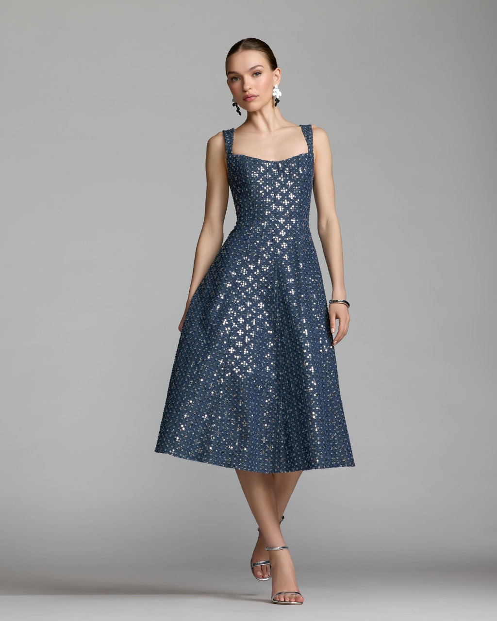 Blue Sleeveless Sequin Denim Midi Dress - Designer Collection