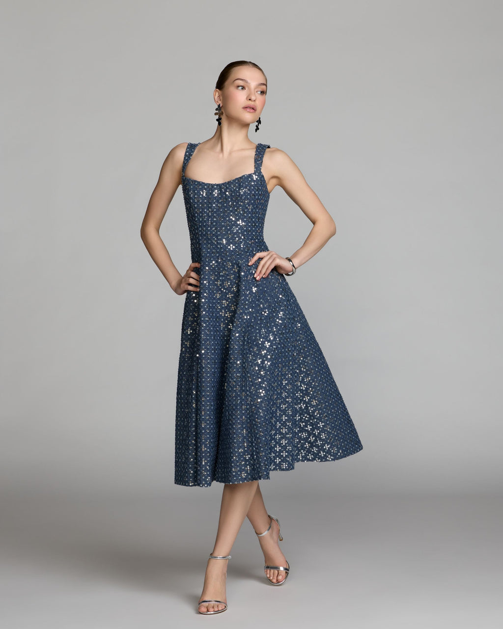 Blue Sleeveless Sequin Denim Midi Dress - Designer Collection