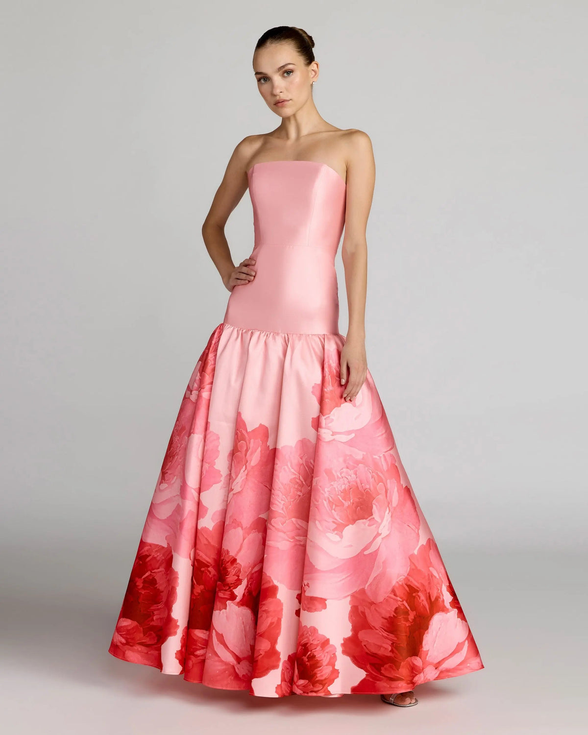 Pink Printed Mikado Strapless Drop Waist Ballgown Contemporary Collection