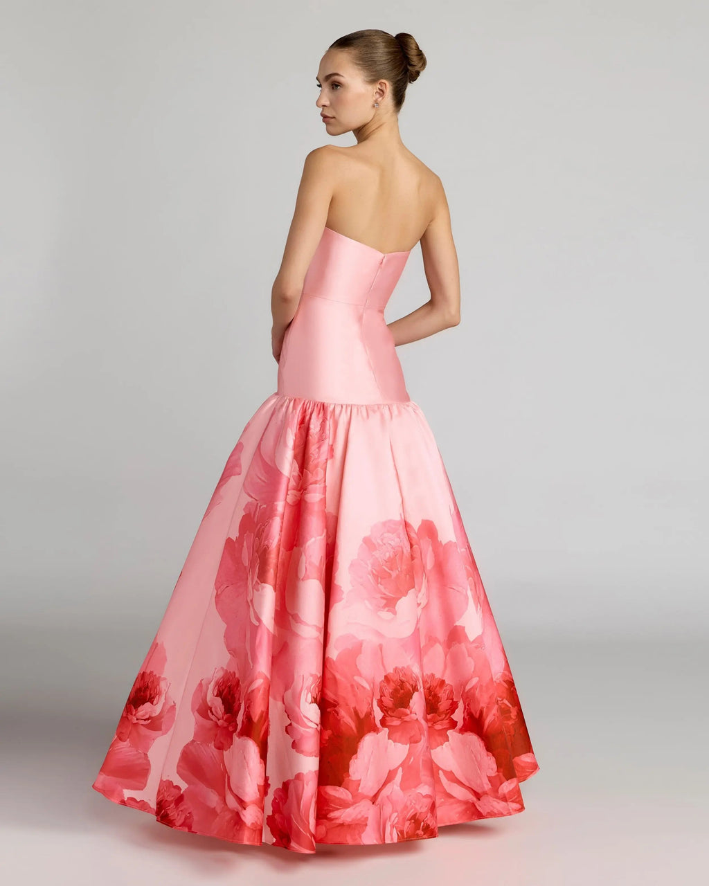 Pink Printed Mikado Strapless Drop Waist Ballgown Contemporary Collection