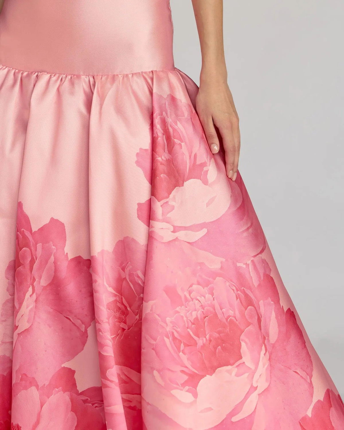 Pink Printed Mikado Strapless Drop Waist Ballgown Contemporary Collection