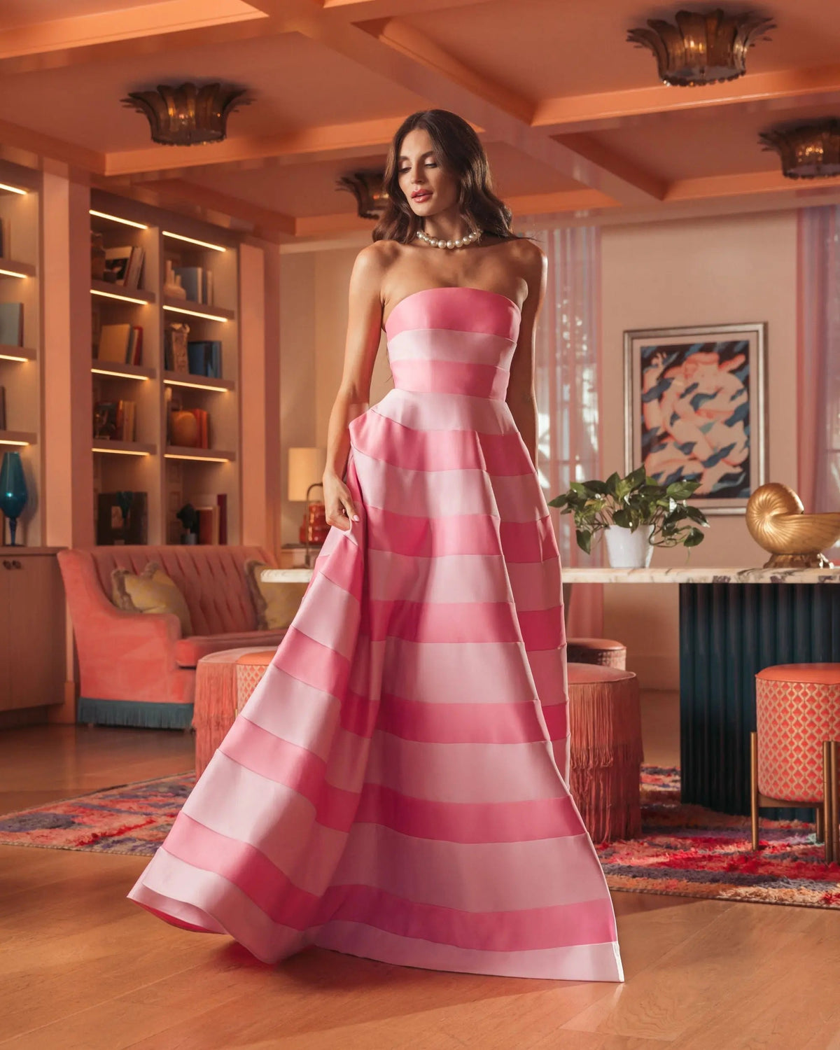 Pink Striped Strapless Satin Ballgown with Pockets Contemporary Collection