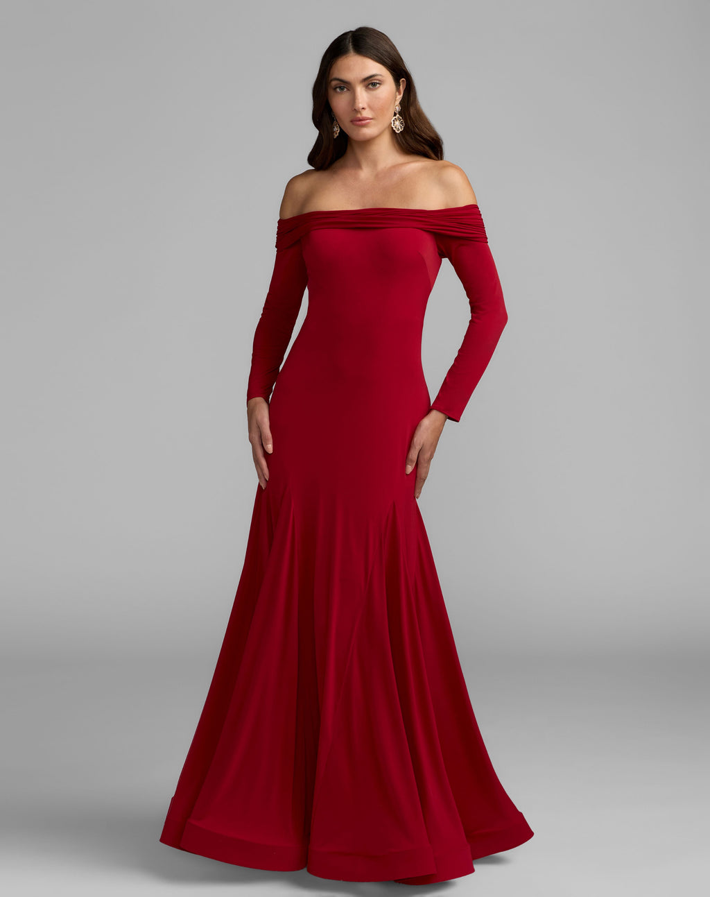 Red Off The Shoulder Long Sleeve Trumpet Gown - Contemporary Collection