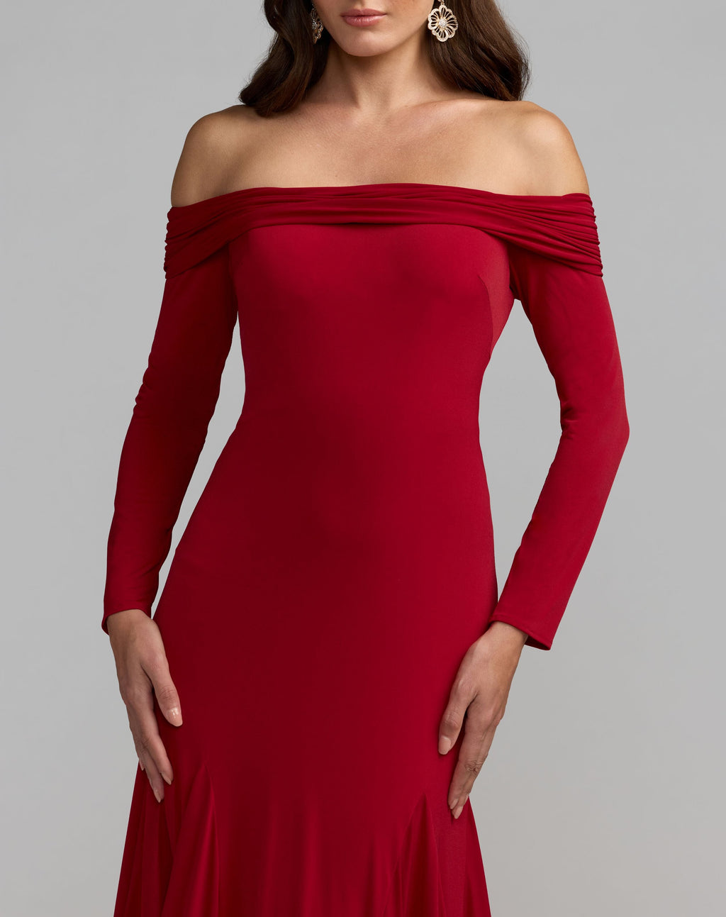 Red Off The Shoulder Long Sleeve Trumpet Gown - Contemporary Collection