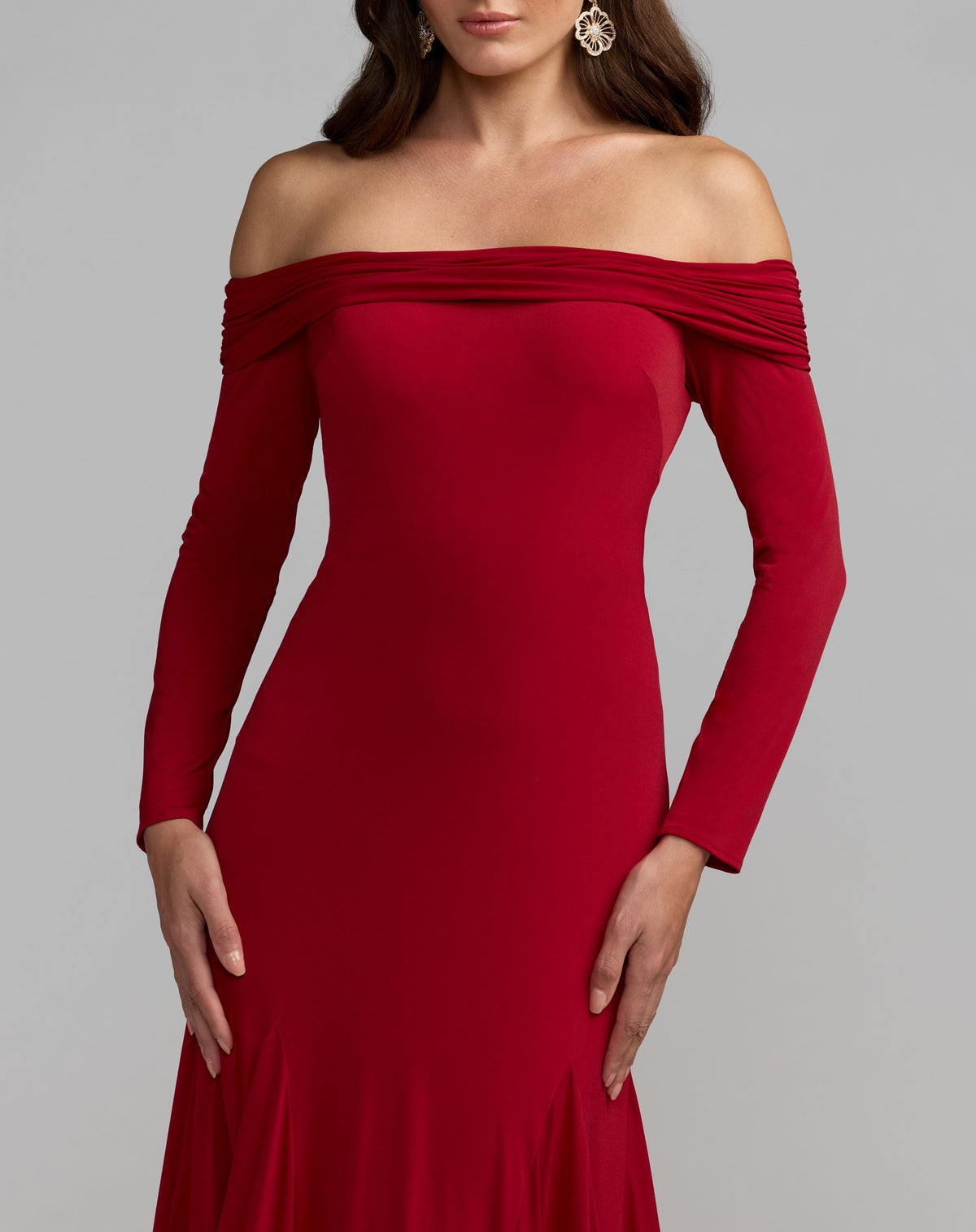 Red Off The Shoulder Long Sleeve Trumpet Gown - Contemporary Collection