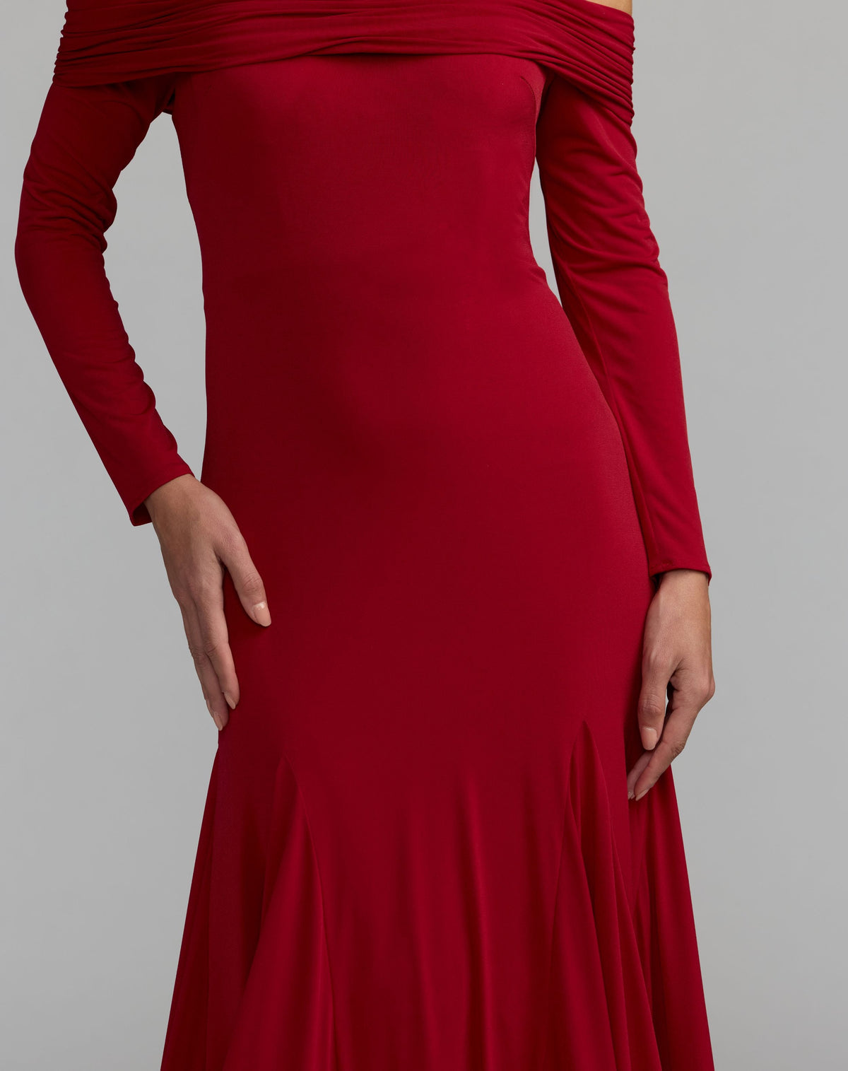 Red Off The Shoulder Long Sleeve Trumpet Gown - Contemporary Collection