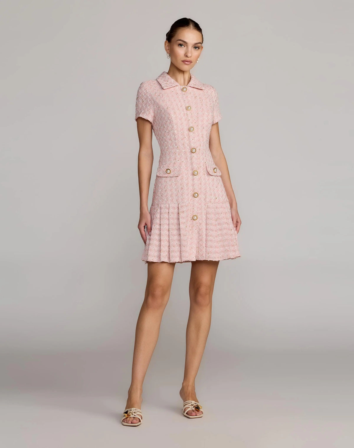 Pink Bouclé Button Front Mini Dress Contemporary Collection