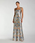 Silver Floral Sequin Sleeveless Square Neck Fitted Gown Designer Collection