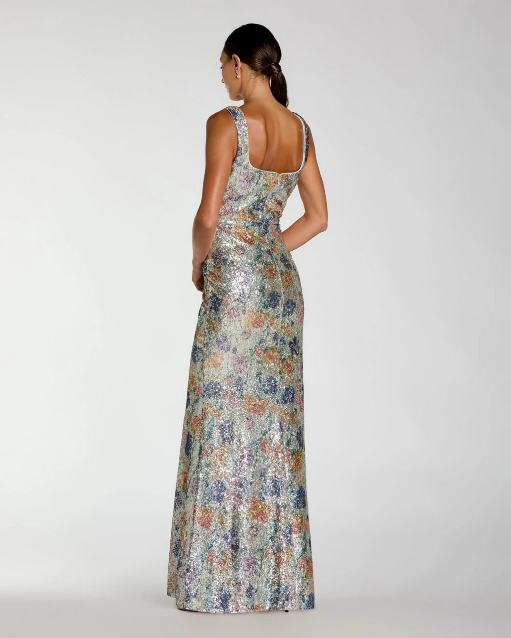 Silver Floral Sequin Sleeveless Square Neck Fitted Gown Designer Collection