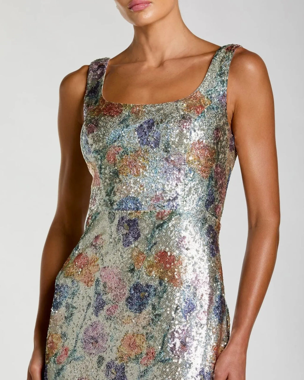 Silver Floral Sequin Sleeveless Square Neck Fitted Gown Designer Collection
