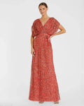 Red Draped Sleeve V Neck Gown - Designer Collection
