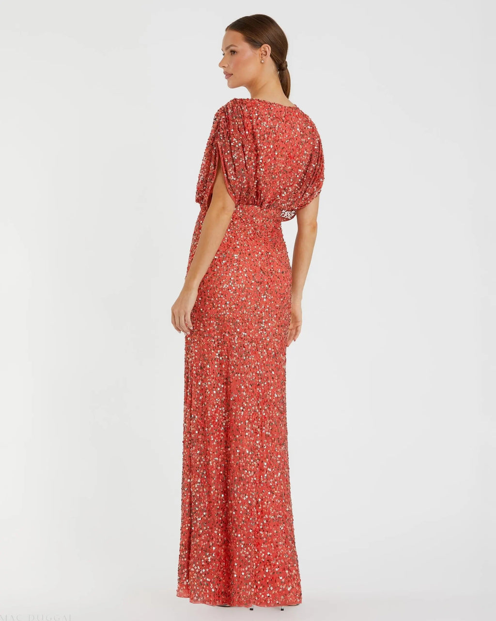 Red Draped Sleeve V Neck Gown - Designer Collection