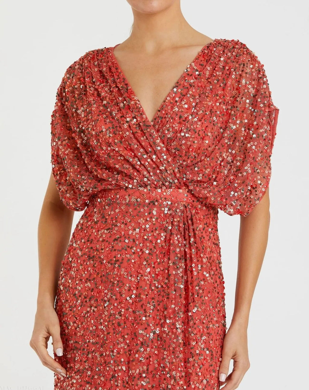 Red Draped Sleeve V Neck Gown - Designer Collection