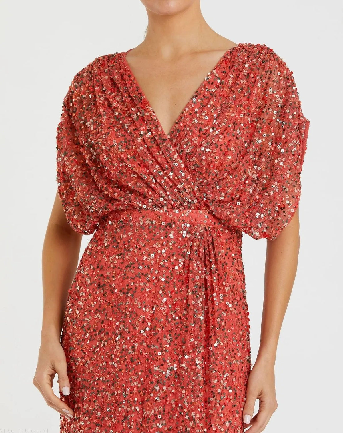 Red Draped Sleeve V Neck Gown - Designer Collection