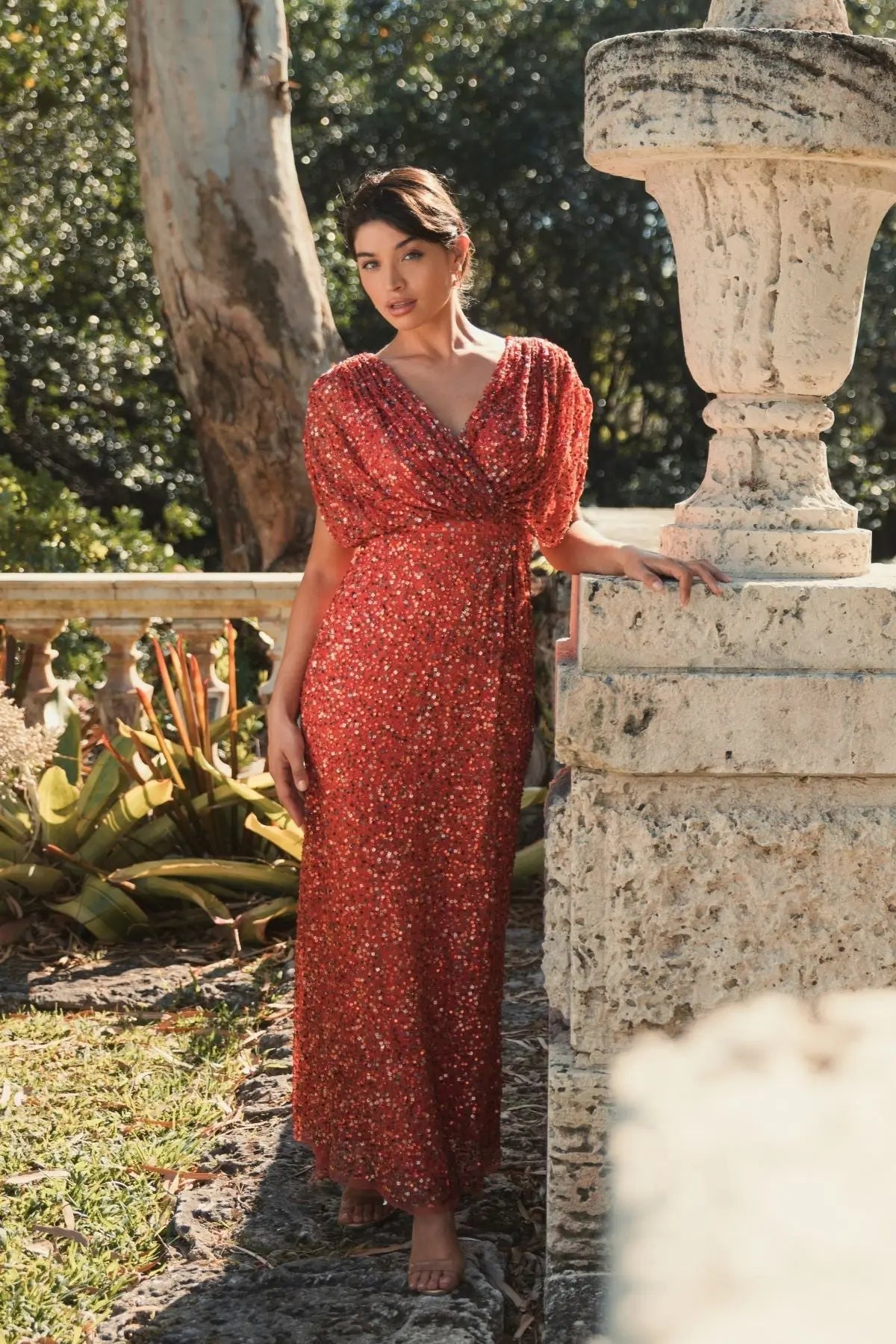 Red Draped Sleeve V Neck Gown - Designer Collection