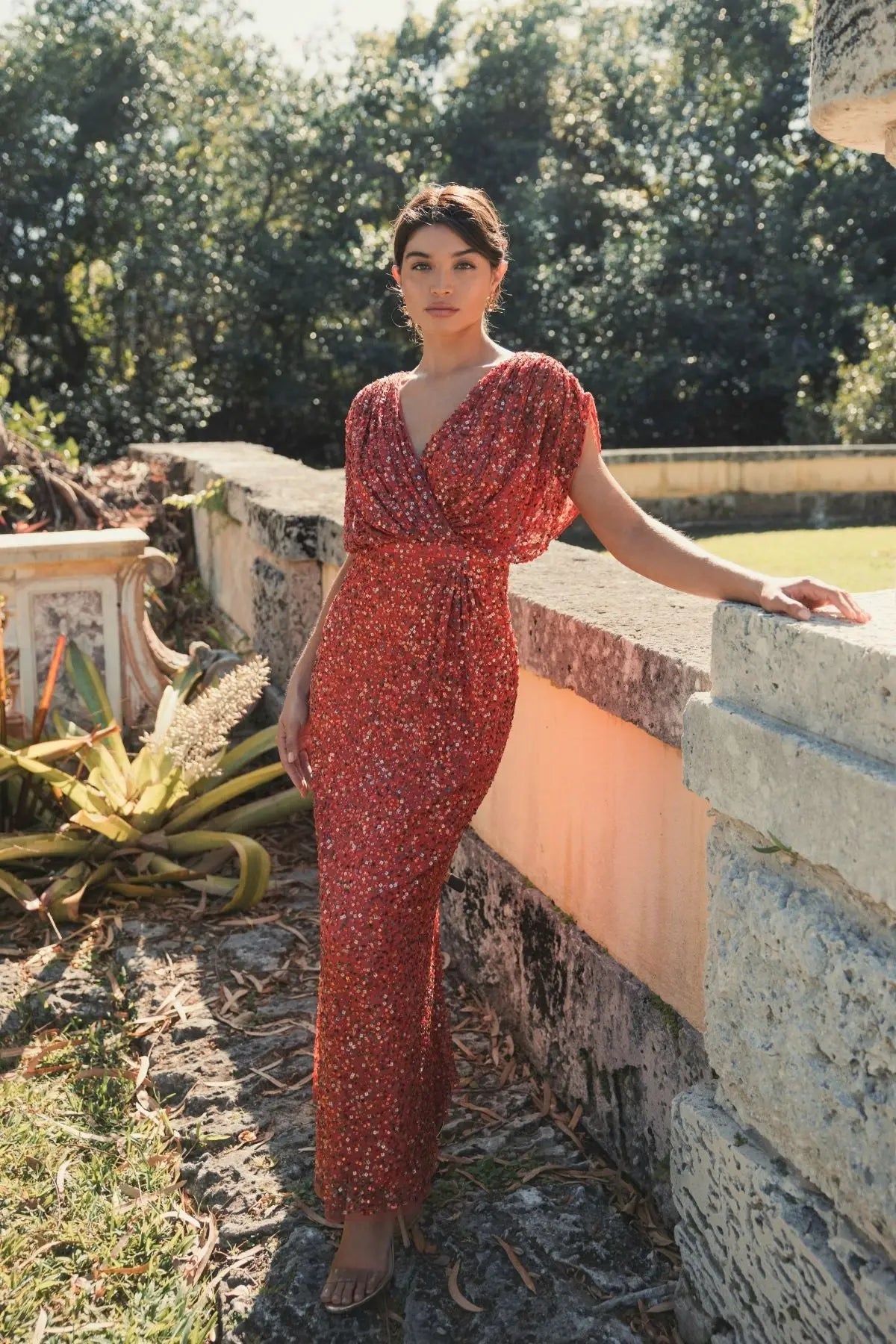 Red Draped Sleeve V Neck Gown - Designer Collection