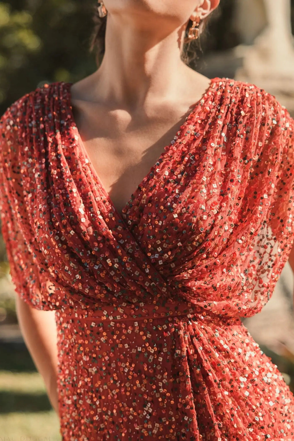 Red Draped Sleeve V Neck Gown - Designer Collection