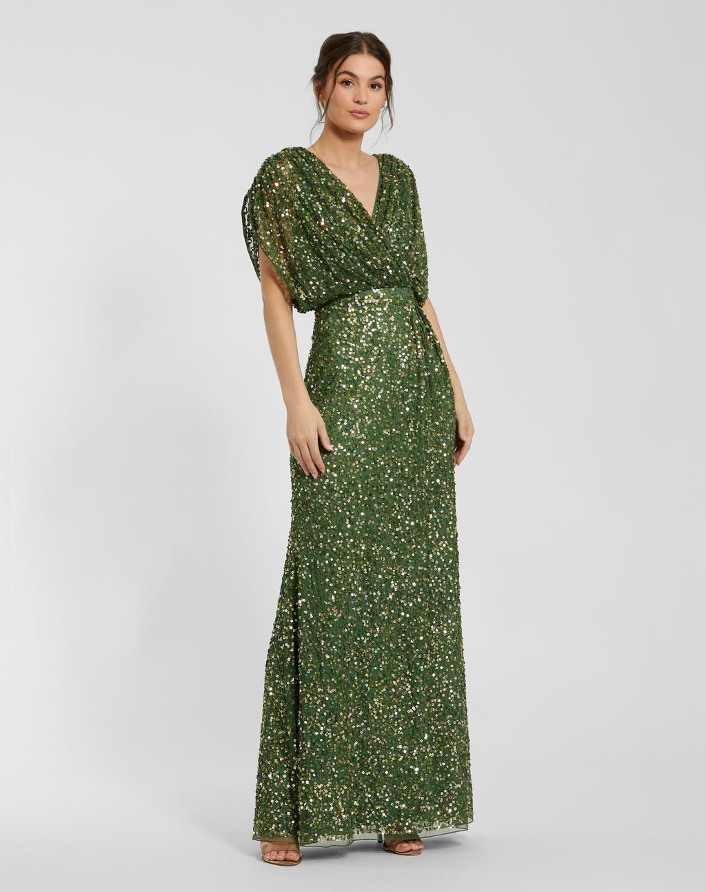 Dark Green Sequin Draped Sleeve V-Neck Gown - Designer Collection