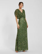 Dark Green Sequin Draped Sleeve V-Neck Gown - Designer Collection