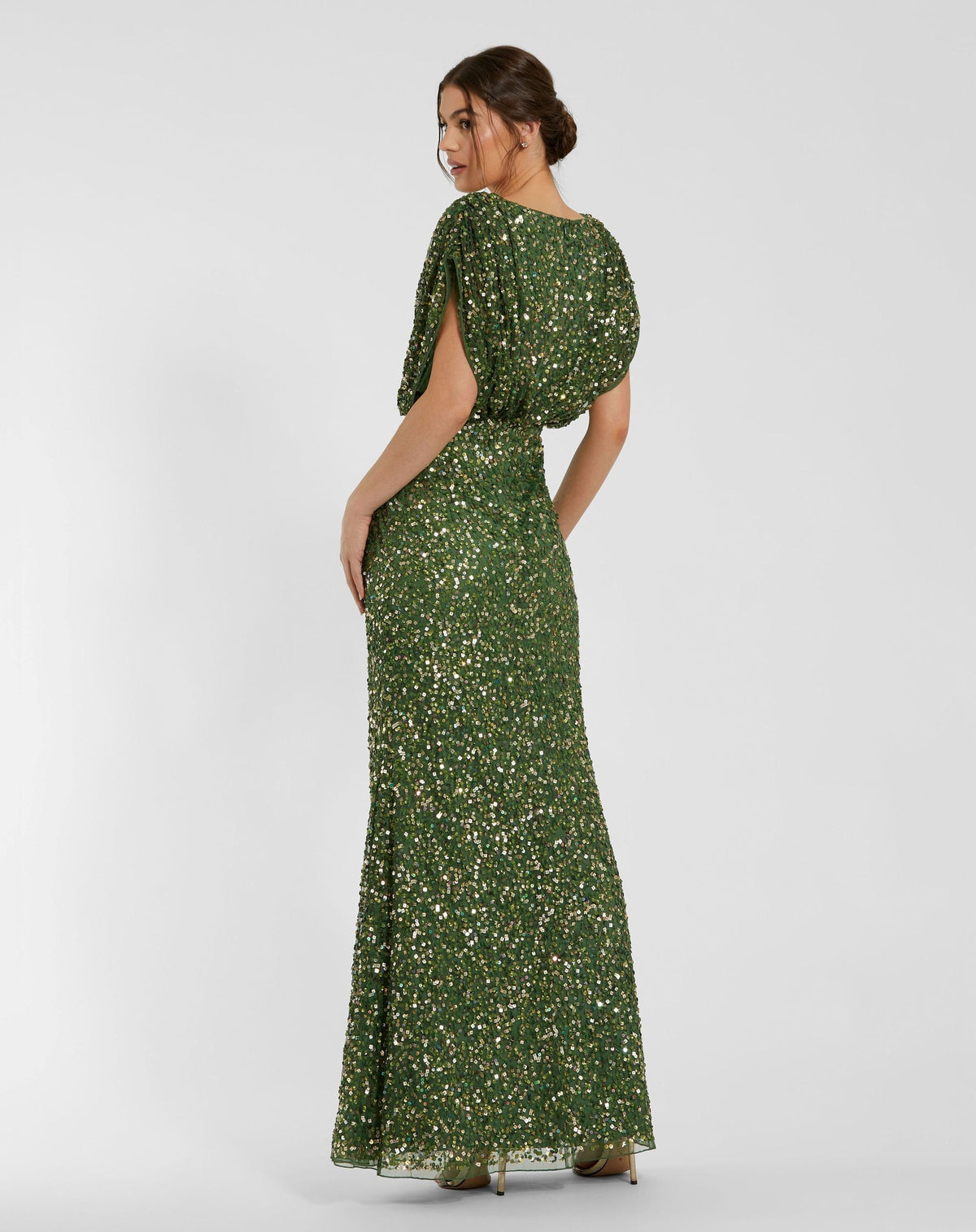 Dark Green Sequin Draped Sleeve V-Neck Gown - Designer Collection