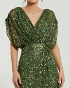 Dark Green Sequin Draped Sleeve V-Neck Gown - Designer Collection