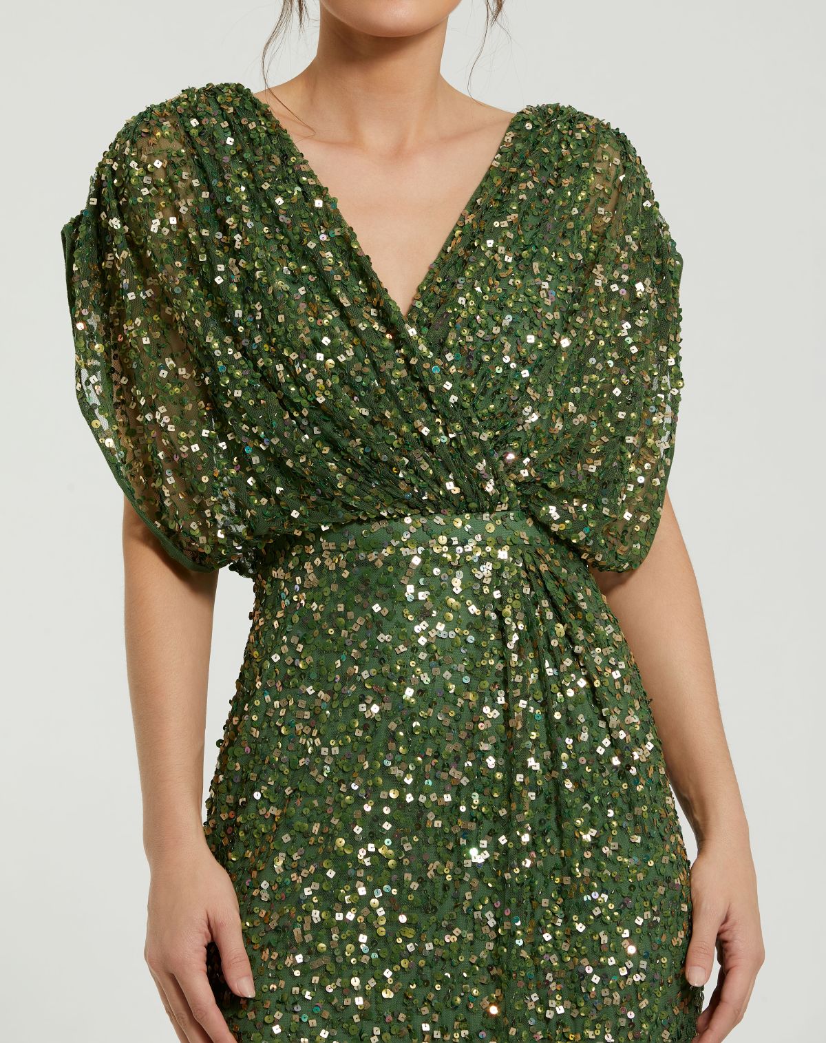 Dark Green Sequin Draped Sleeve V-Neck Gown - Designer Collection