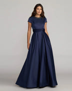 Navy Embellished Satin Cap Sleeve Ball Gown Contemporary Collection