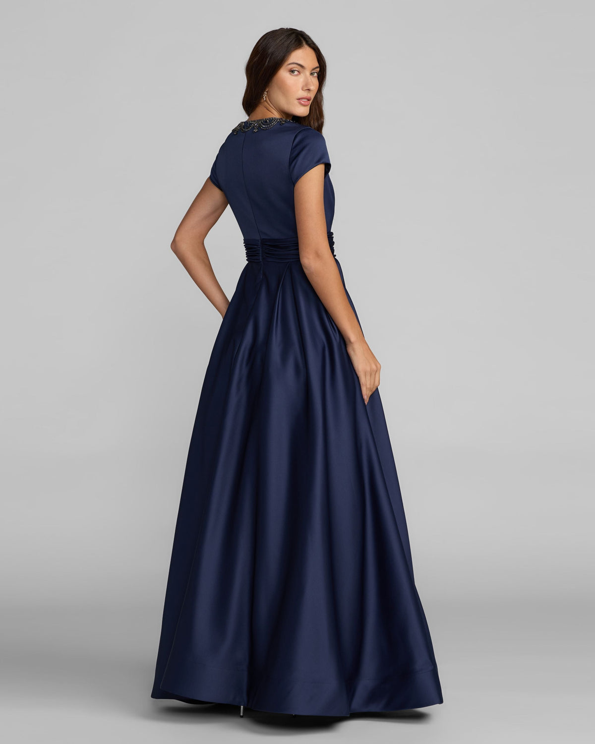 Navy Embellished Satin Cap Sleeve Ball Gown Contemporary Collection