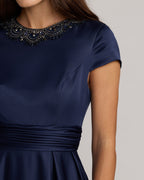 Navy Embellished Satin Cap Sleeve Ball Gown Contemporary Collection