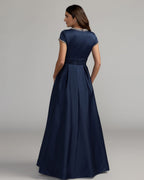 Navy Embellished Satin Cap Sleeve Ball Gown Designer Collection