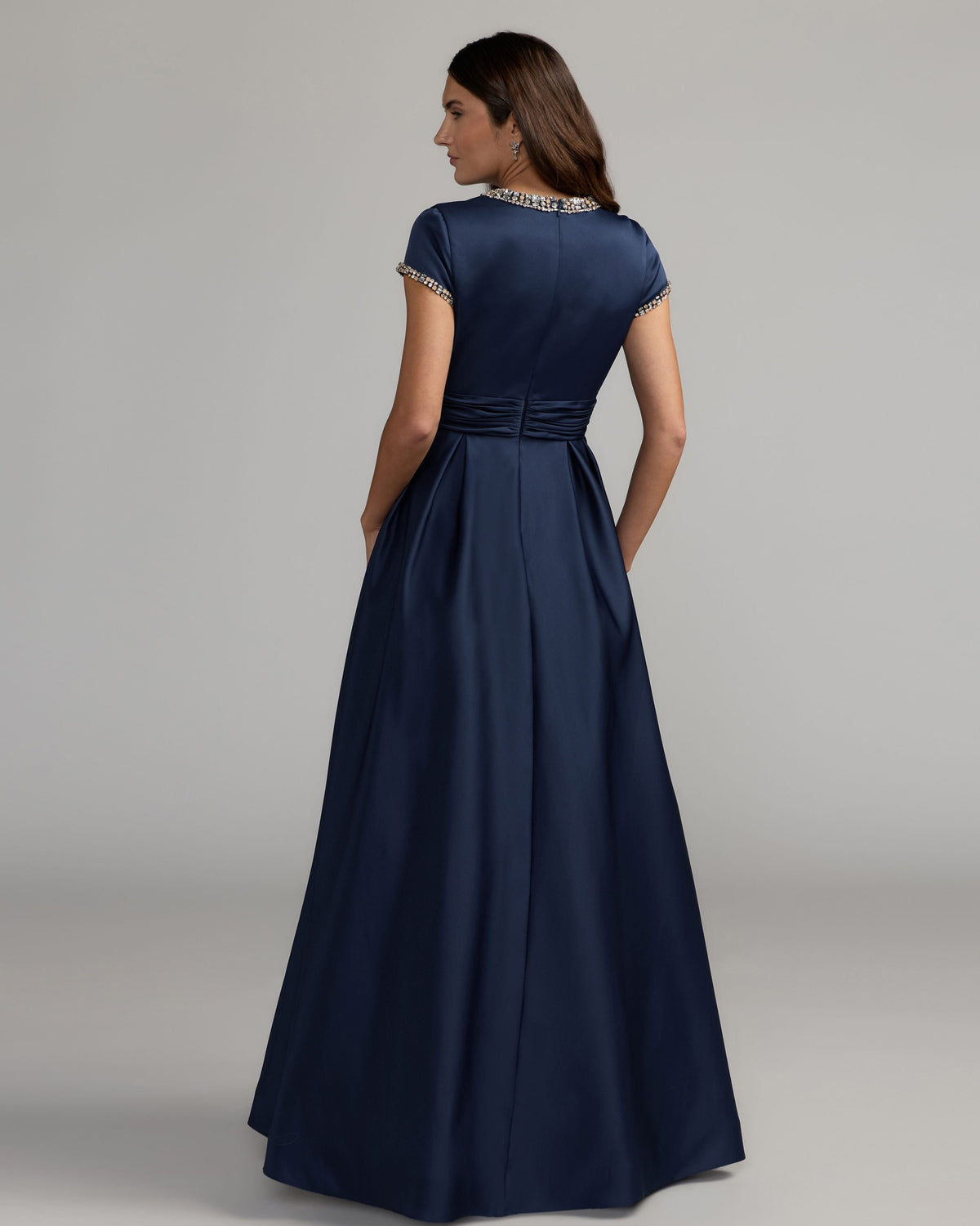 Navy Embellished Satin Cap Sleeve Ball Gown Designer Collection