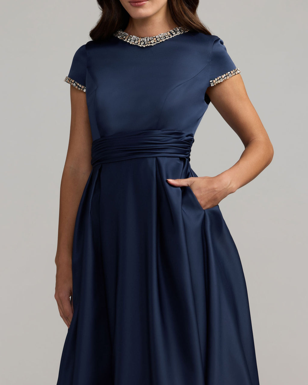Navy Embellished Satin Cap Sleeve Ball Gown Designer Collection