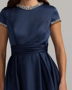 Navy Embellished Satin Cap Sleeve Ball Gown Designer Collection