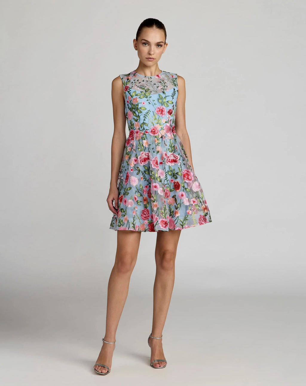 Blue Floral Embroidered Sleeveless A-Line Mini Dress Designer Collection
