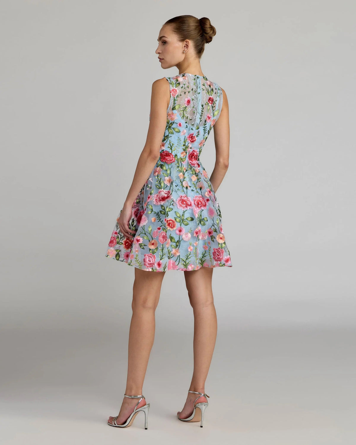 Blue Floral Embroidered Sleeveless A-Line Mini Dress Designer Collection