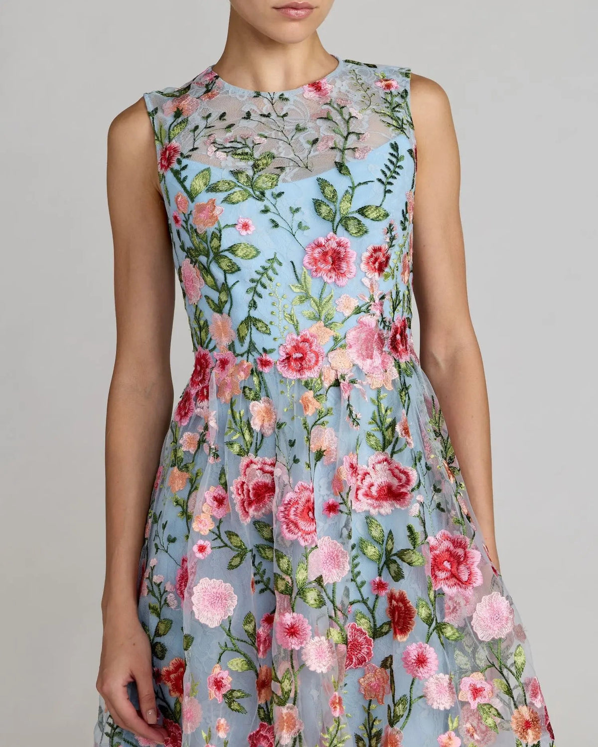 Blue Floral Embroidered Sleeveless A-Line Mini Dress Designer Collection